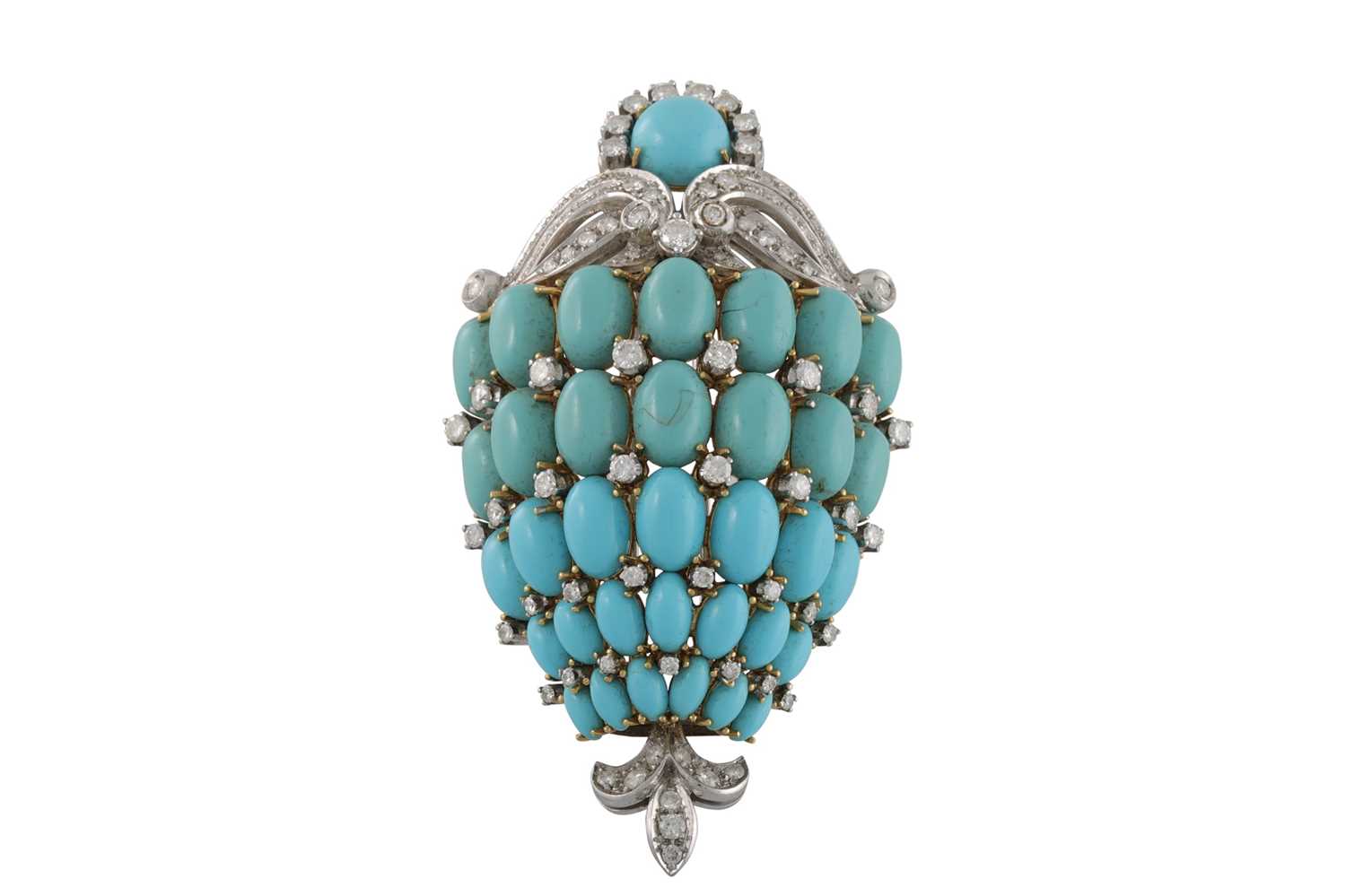 Lot 383 - AN ITALIAN TURQUOISE AND DIAMOND CLIP, set...