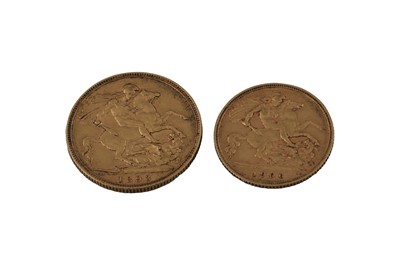 Lot 487 - A FULL AND HALF GOLD SOVEREIGN ENGLISH COINS....