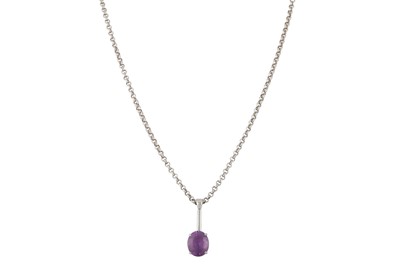 Lot 124 - AN 18CT WHITE GOLD CHAIN AND AMETHYST PENDANT,...