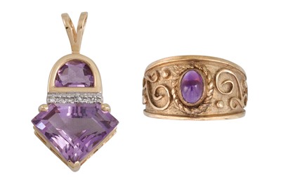 Lot 306 - AN AMETHYST AND DIAMOND PENDANT, mounted in...
