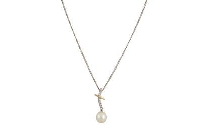 Lot 97 - A CULTURED PEARL AND DIAMOND DROP PENDANT, in...