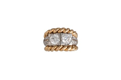 Lot 87 - A RETRO TWO STONE DIAMOND RING, the old cut...