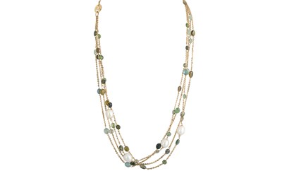 Lot 186 - A FOUR ROWED GREEN TOURMALINE AND PEARL...