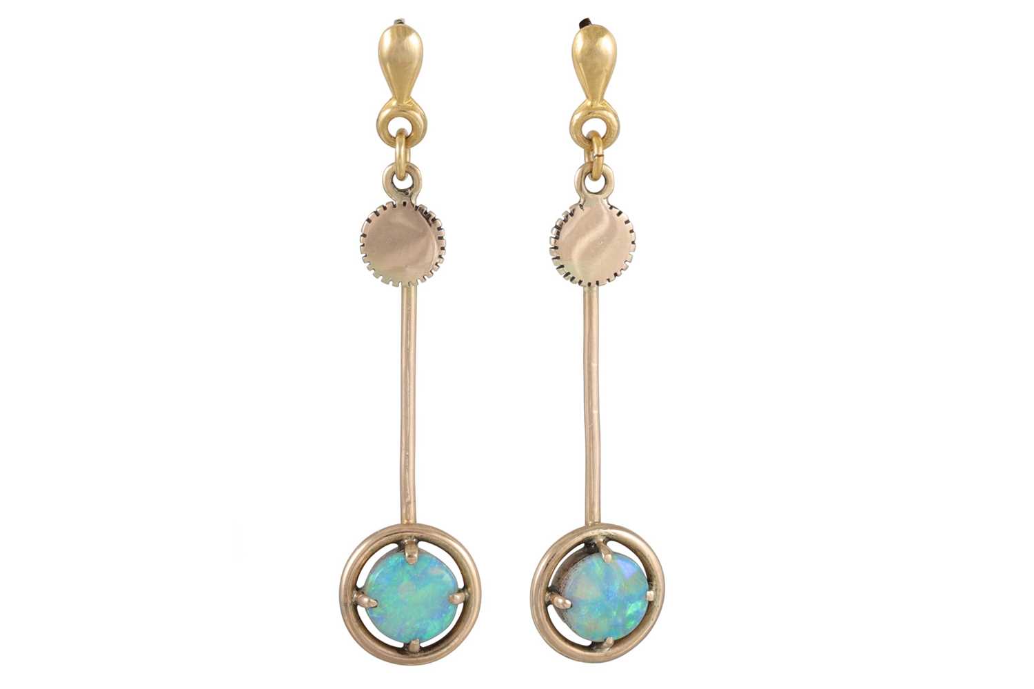 Lot 23 - A PAIR OF OPAL DROP EARRINGS, the cabochon...