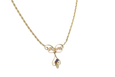 Lot 178 - A 9CT GOLD SAPPHIRE AND DIAMOND PENDANT, on a...