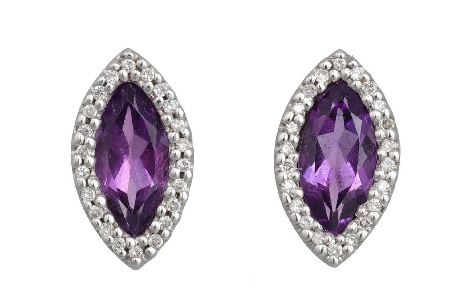 Lot 93 - A PAIR OF DIAMOND AND AMETHYST EARRINGS, the...