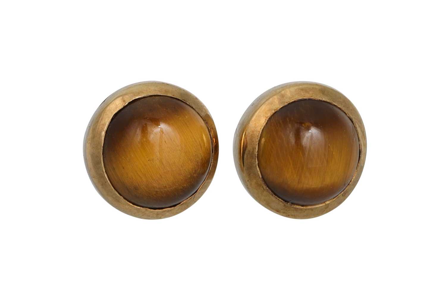 Lot 94 - A PAIR OF TIGERS EYE EARRINGS, set in gold