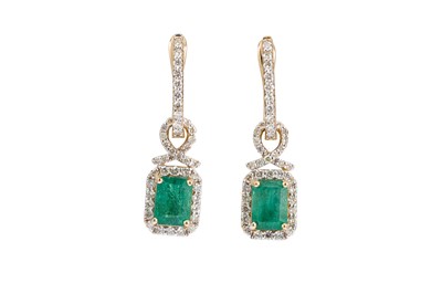 Lot 260 - A PAIR OF EMERALD AND DIAMOND CLUSTER DROP...