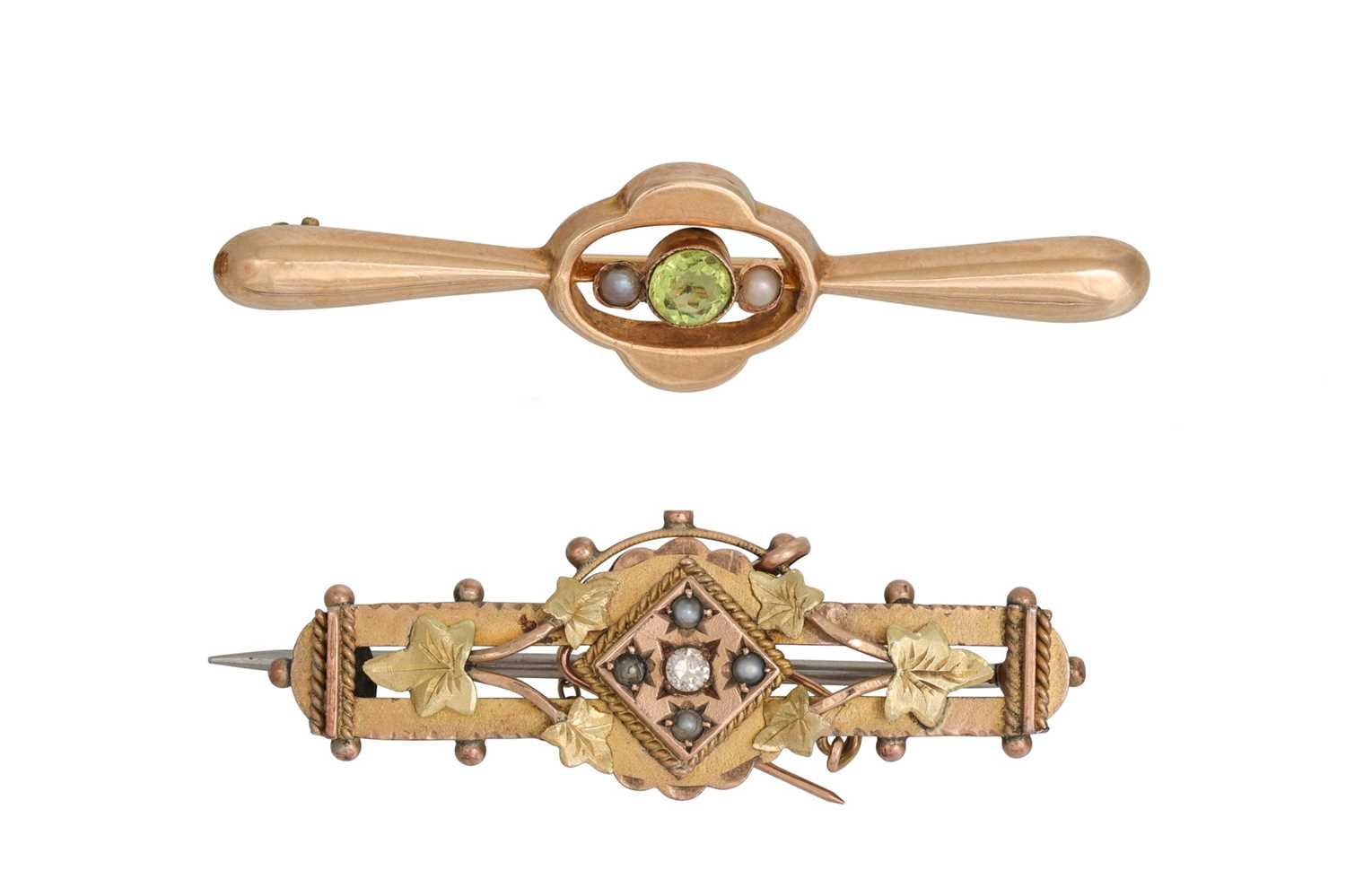 Lot 201 - TWO VINTAGE 9CT GOLD BROOCHES, one diamond and...