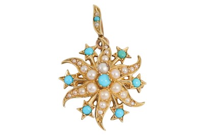 Lot 205 - AN ANTIQUE 15CT TURQUOISE AND SEED PEARL...