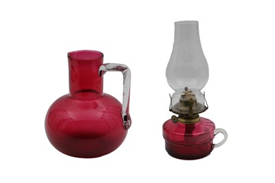 Lot 488 - AN ANTIQUE RUBY GLASS TABLE OIL LAMP, complete...