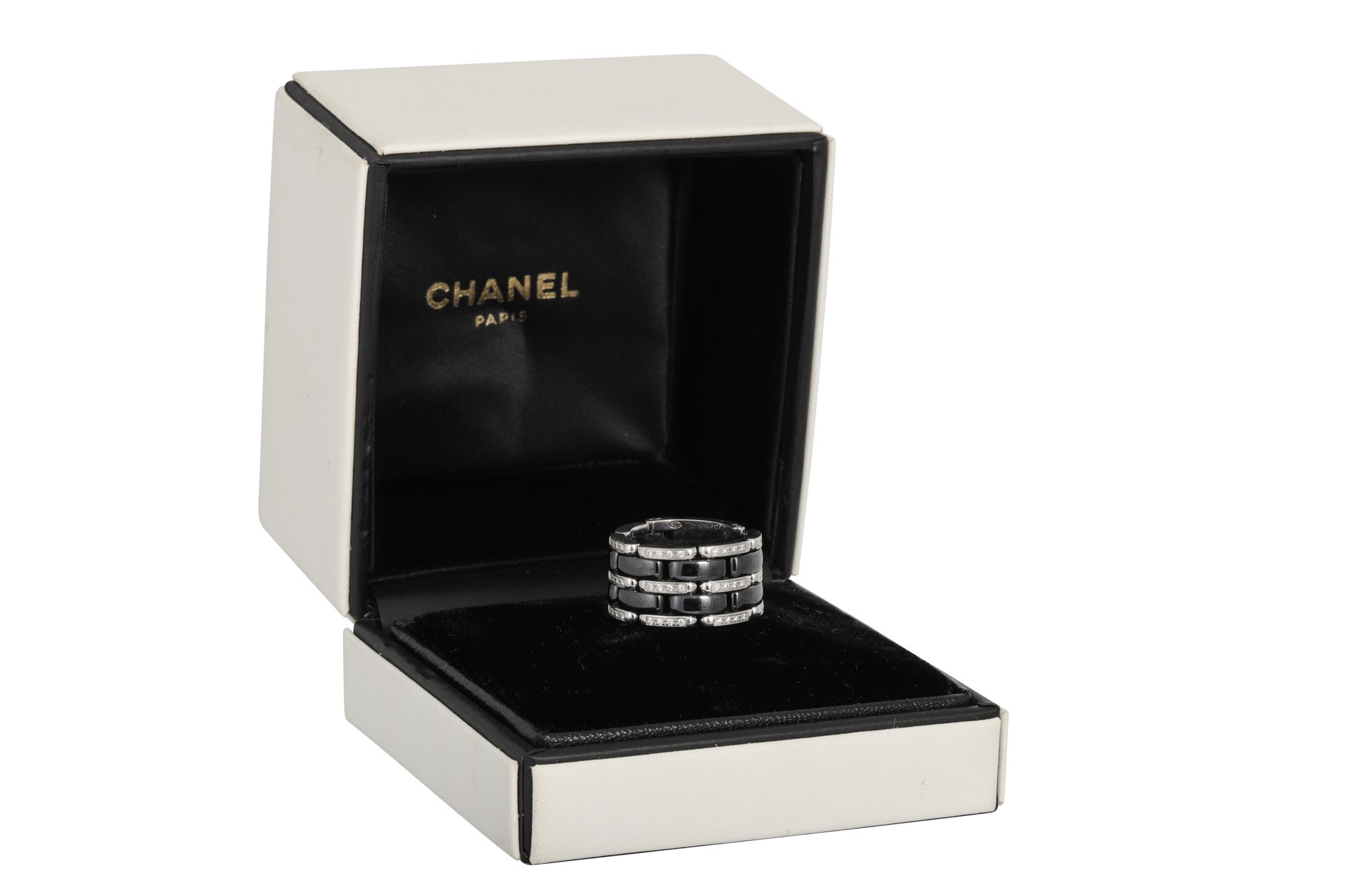 Lot 73 - A CHANEL 'ULTRA' BLACK CERAMIC RING, mounted