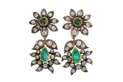 Lot 355 - A PAIR OF ANTIQUE DIAMOND AND EMERALD DROP...