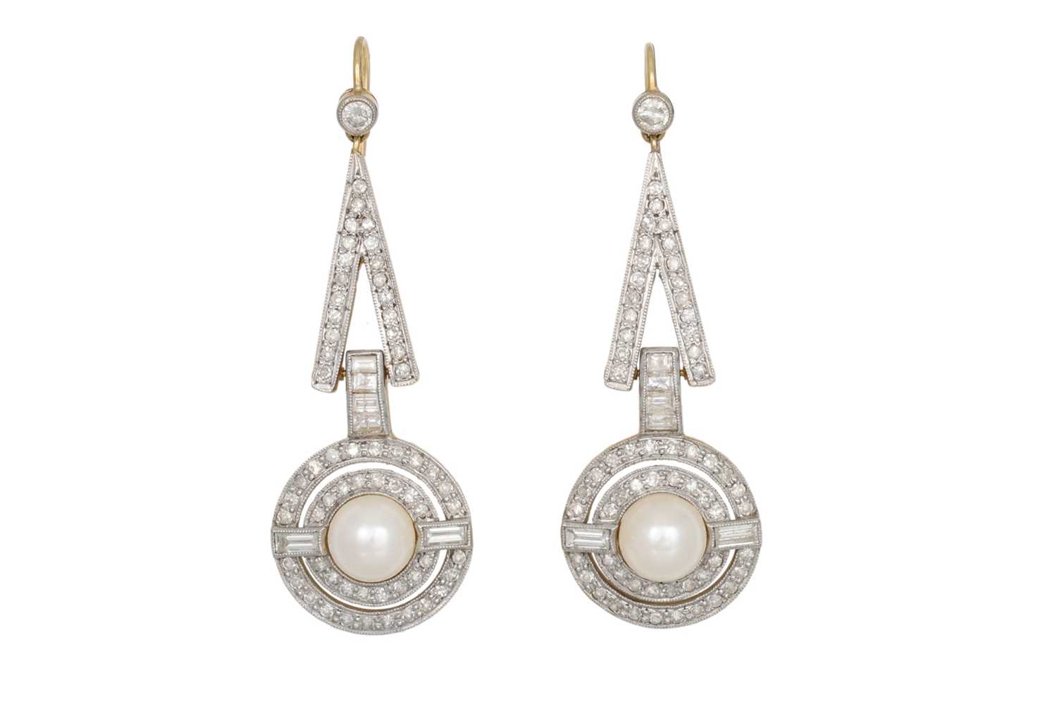 Lot 70 - A PAIR OF DIAMOND AND PEARL DROP EARRINGS, the...