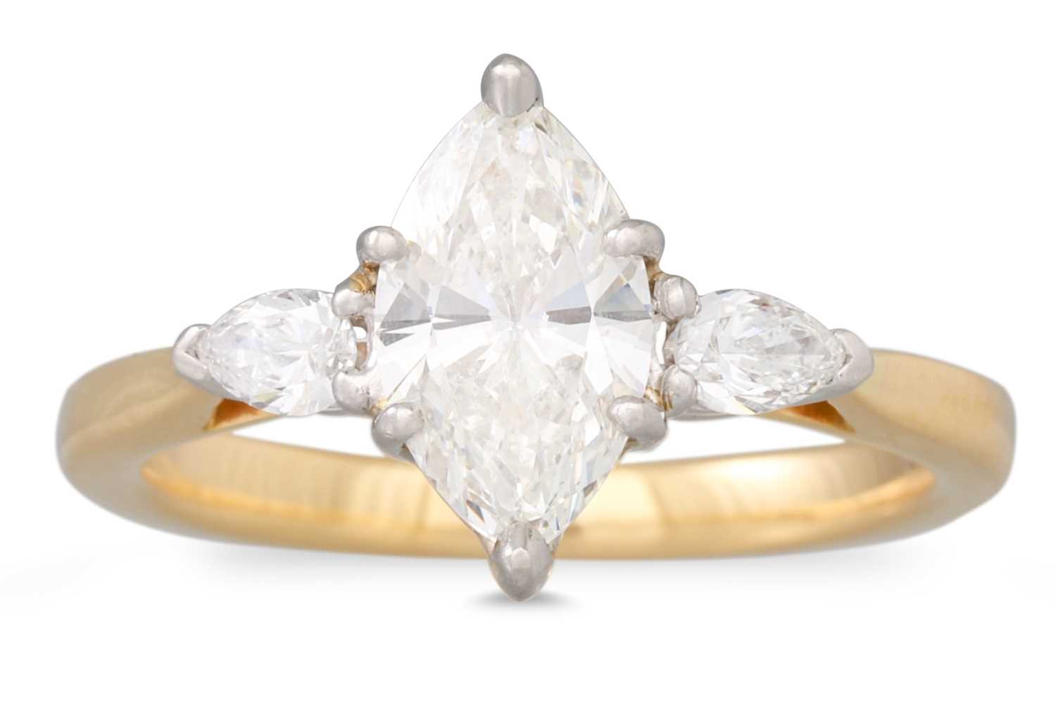 Lot 105 - A DIAMOND SOLITAIRE RING, the marquise cut...