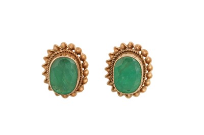 Lot 288 - A PAIR OF 9CT GOLD & EMERALD EARRINGS, with a...