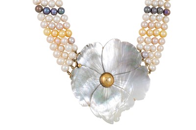 Lot 57 - A FOUR STRANDED MULTI COLOURED CULTURED PEARL...