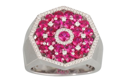 Lot 62 - A DIAMOND AND RUBY CLUSTER RING, of octagonal...