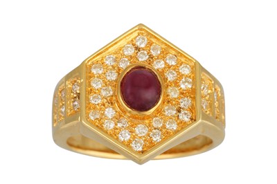 Lot 65 - A RUBY AND DIAMOND RING, hexagonal plaque form,...
