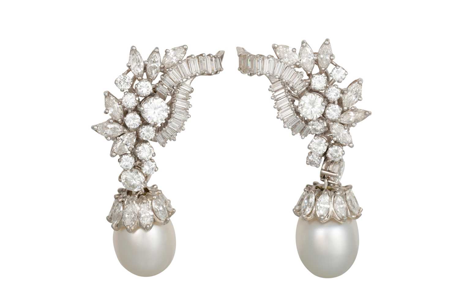 Lot 221 - A PAIR OF PEARL AND DIAMOND EARRINGS, the...