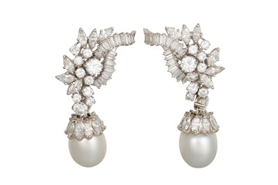 Lot 407 - A PAIR OF PEARL AND DIAMOND EARRINGS, the...