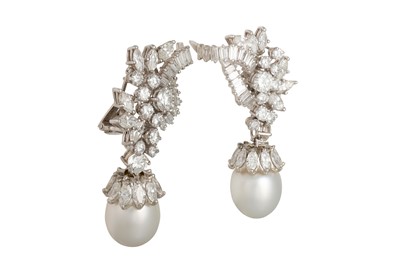 Lot 407 - A PAIR OF PEARL AND DIAMOND EARRINGS, the...