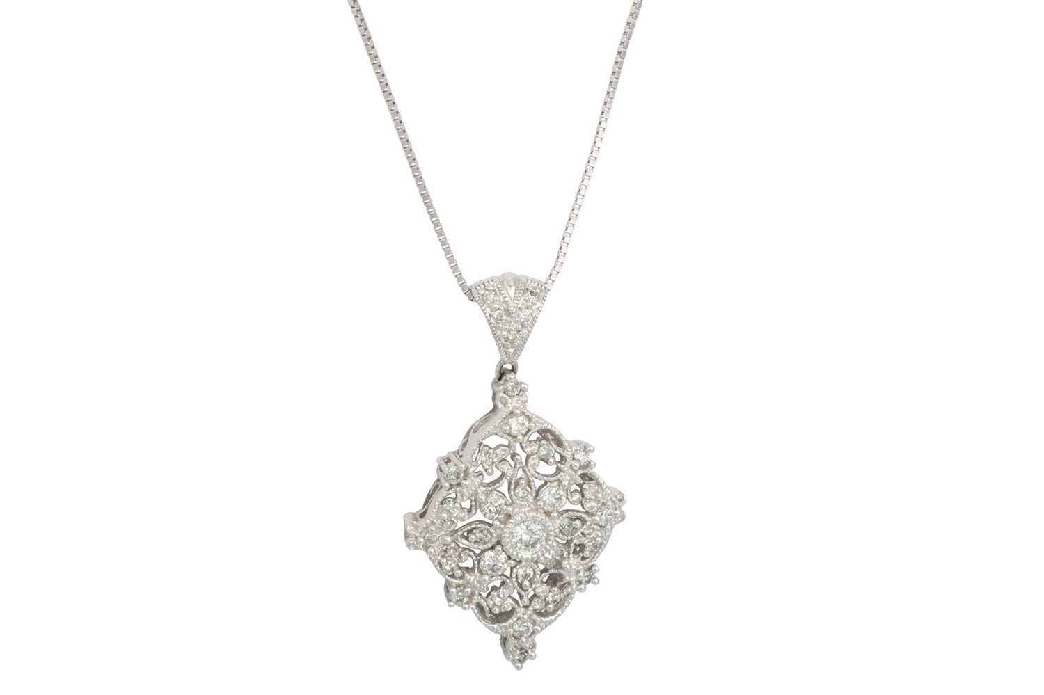 Lot 347 - A DIAMOND SET LOZENGE SHAPED PENDANT, mounted...