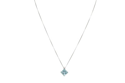 Lot 308 - AN AQUAMARINE AND DIAMOND PENDANT, the square...