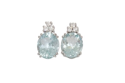 Lot 312 - A PAIR OF AQUAMARINE AND DIAMOND EARRINGS, the...
