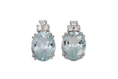Lot 312 - A PAIR OF AQUAMARINE AND DIAMOND EARRINGS, the...