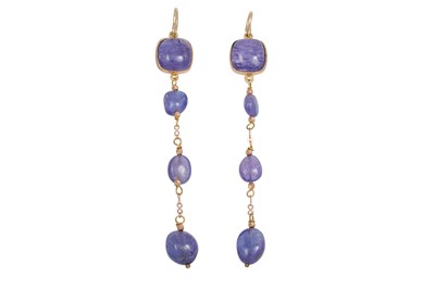 Lot 44 - A PAIR OF TANZANITE DROP EARRINGS, set with...