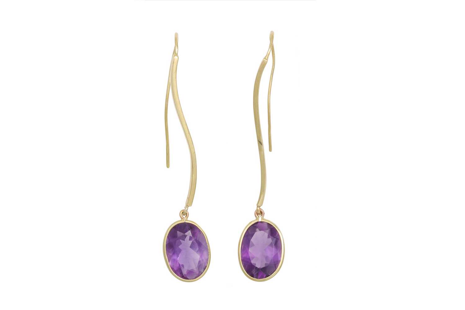 Lot 46 - A PAIR OF AMETHYST DROP EARRINGS, the oval...
