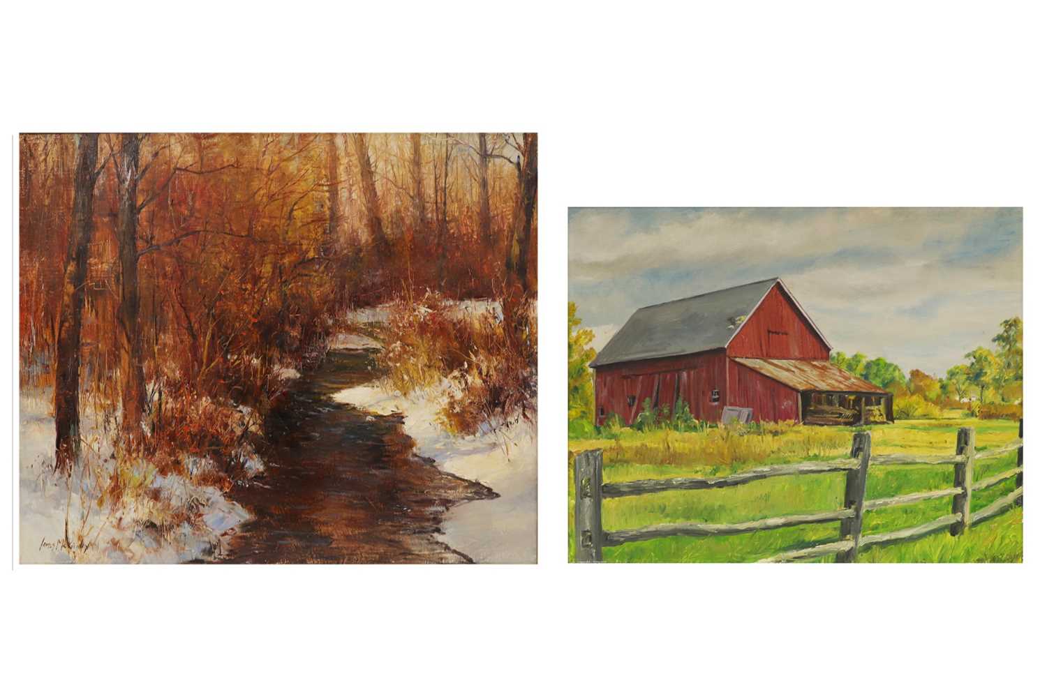 Lot 442 - TWO USA OIL PAINTINGS, one depicting a barn...