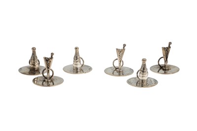 Lot 515 - A CASED SET OF SIX SILVER PLACE MARKERS, 48 g.