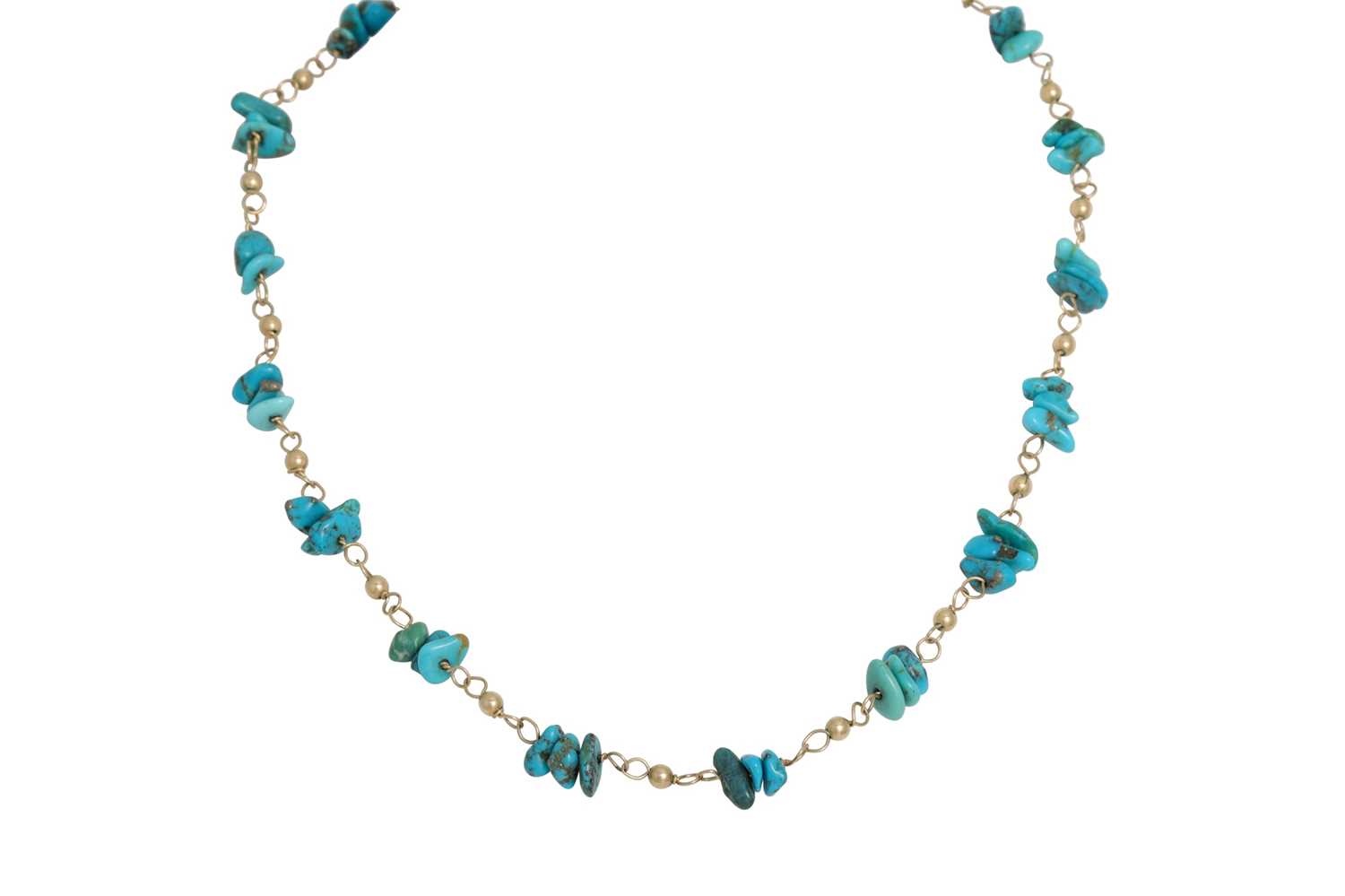 Lot 97 - A BEADED TURQUOISE NECKLACE, 14ct gold filled...