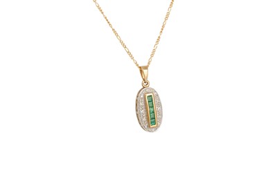 Lot 182 - AN EMERALD AND DIAMOND PENDANT, mounted in 9ct...