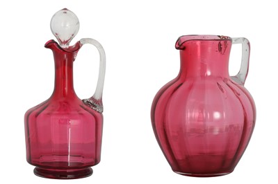 Lot 440 - AN ANTIQUE CRANBERRY GLASS DECANTER, with...