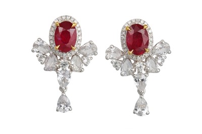Lot 311 - A PAIR OF RUBY, DIAMOND AND WHITE SAPPHIRE...