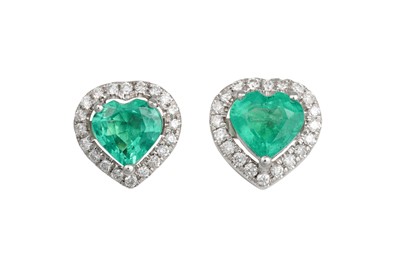 Lot 313 - A PAIR OF HEART SHAPED EMERALD AND DIAMOND...