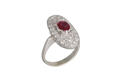 Lot 353 - A RUBY AND DIAMOND OVAL BOAT SHAPED RING, the...