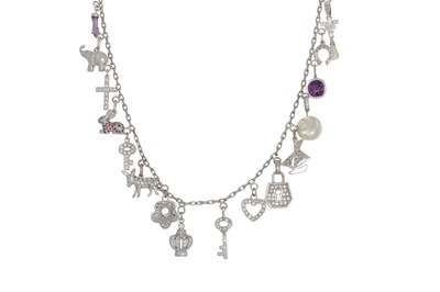 Lot 357 - A DIAMOND AND GEM SET CHARM NECKLACE, set with...