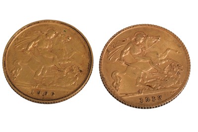 Lot 381 - TWO GOLD HALF SOVEREIGN ENGLISH COINS, 1906 VF,...