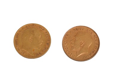 Lot 381 - TWO GOLD HALF SOVEREIGN ENGLISH COINS, 1906 VF,...