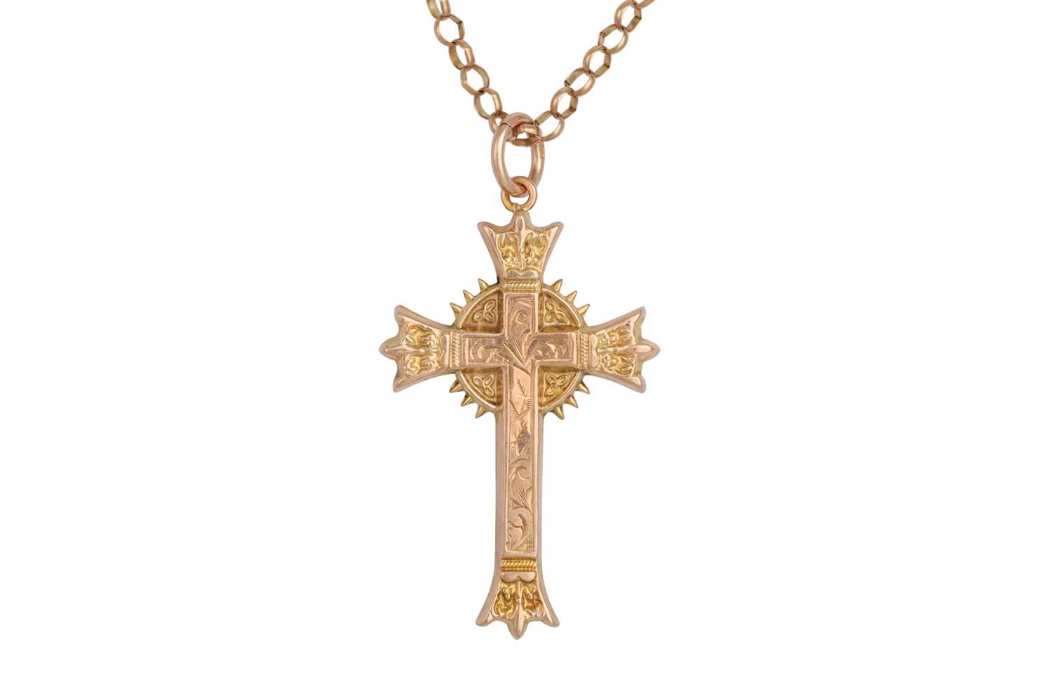 Lot 16 - AN ANTIQUE CROSS AND CHAIN, in yellow gold,...