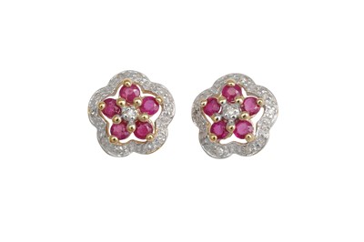 Lot 68 - A PAIR OF RUBY AND DIAMOND CLUSTER EARRINGS,...