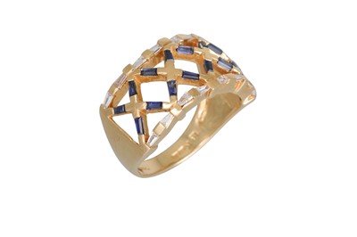 Lot 71 - A DIAMOND AND SAPPHIRE OPEN WORK RING, mounted...