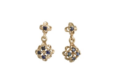 Lot 80 - A PAIR OF SAPPHIRE SET DROP EARRINGS, square...