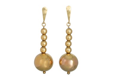 Lot 113 - A PAIR OF 18CT GOLD DROP EARRINGS, the large...