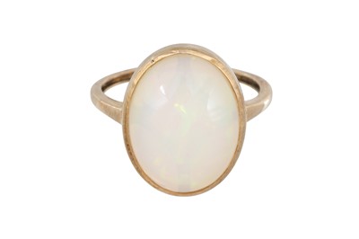 Lot 349 - AN OPAL CABOCHON RING, the oval stone mounted...