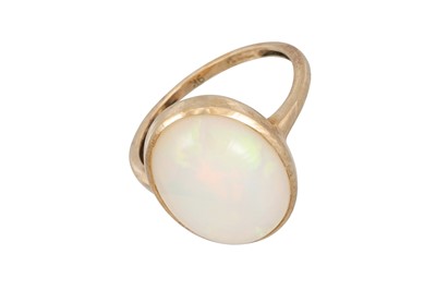 Lot 349 - AN OPAL CABOCHON RING, the oval stone mounted...